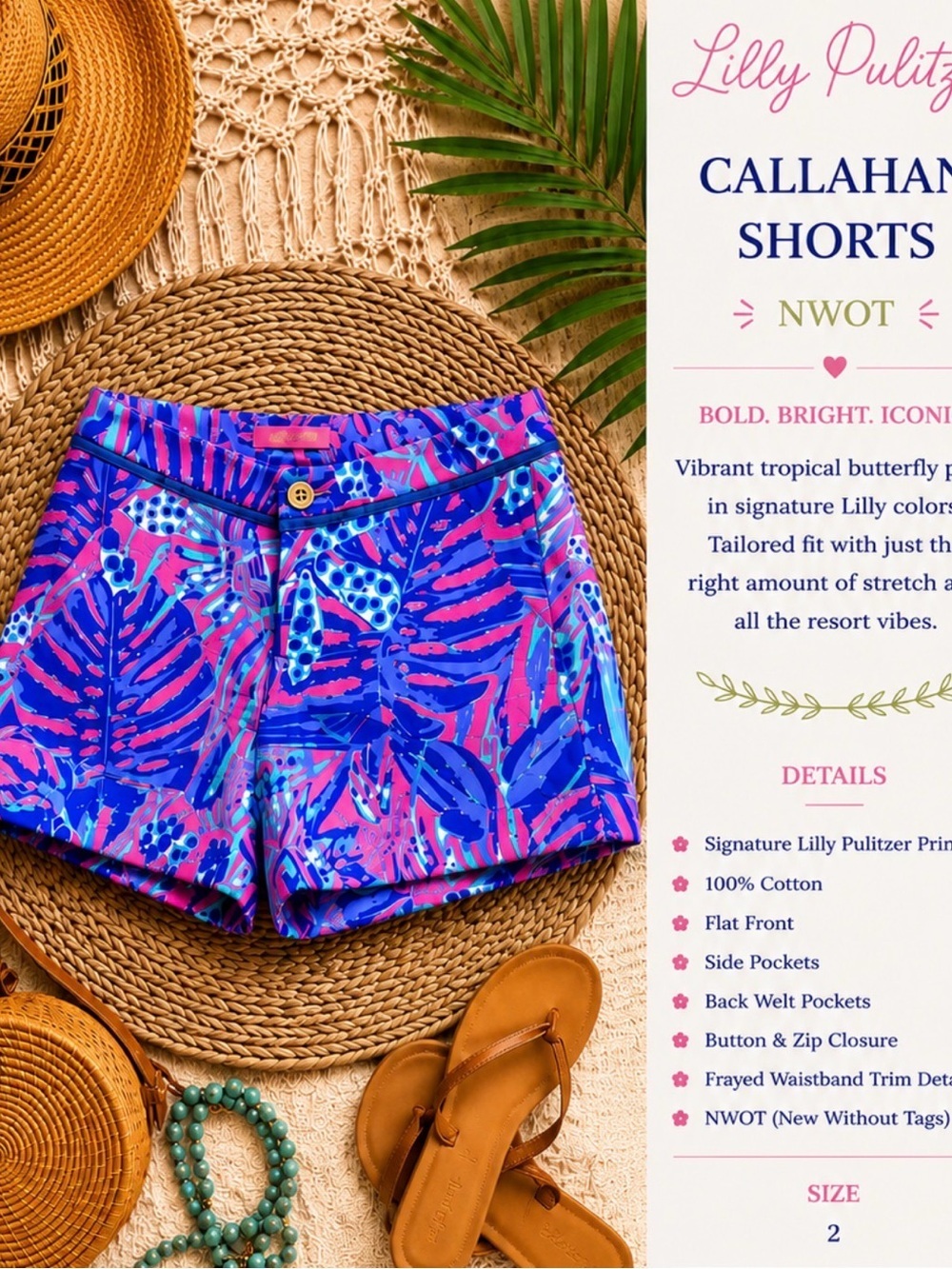Lilly Pulitzer Tropical Butterfly Print Shorts — Blue & Pink-NWOT
